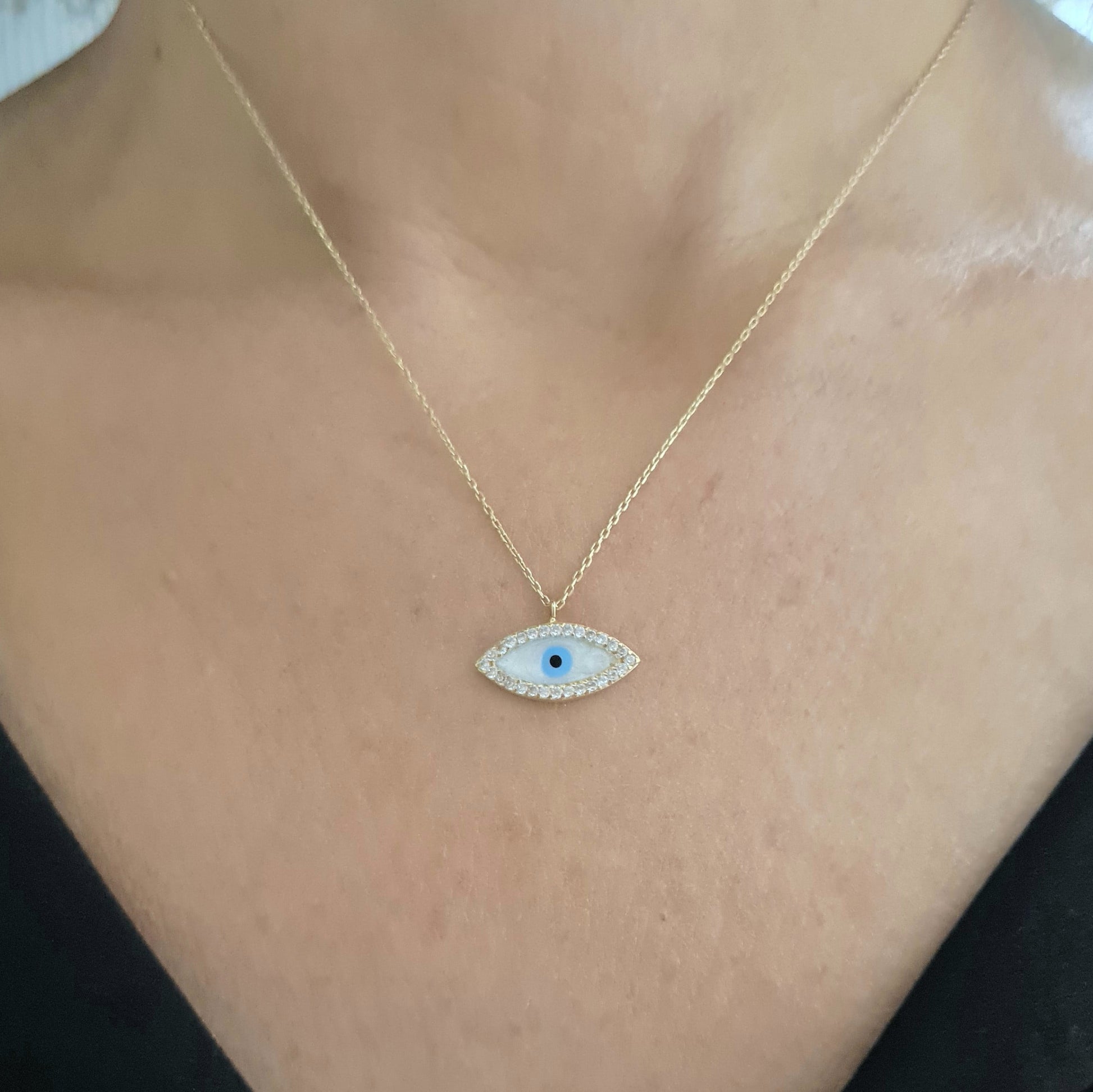 14K Real Solid Gold Evil Eye Pendant Necklace for Women , Mother of Pearl Evil Eye Necklace , Mother of Pearl Jewelry , Mother of Pearl Necklace Gold