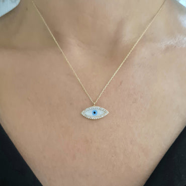 14K Real Solid Gold Evil Eye Pendant Necklace for Women , Mother of Pearl Evil Eye Necklace , Mother of Pearl Jewelry , Mother of Pearl Necklace Gold