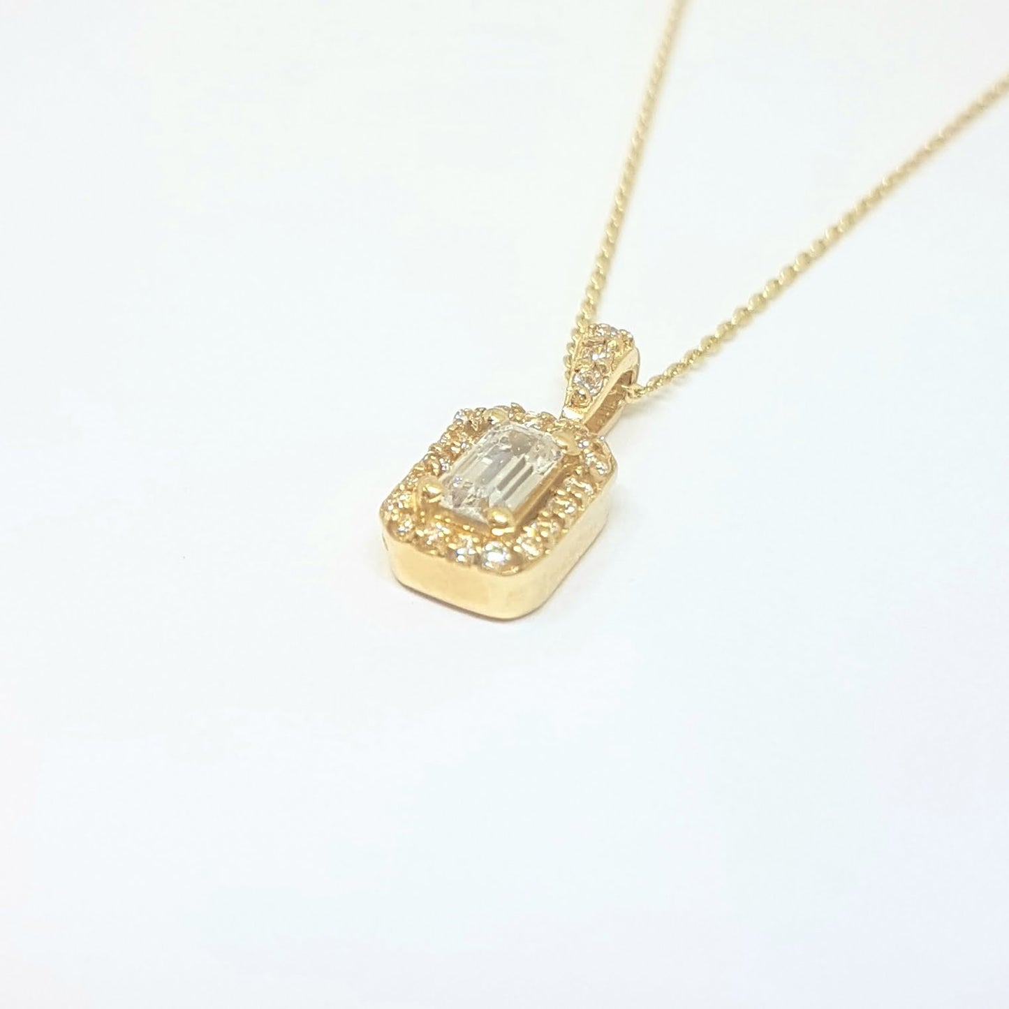 14K Real Gold Baguette Pendant Necklace with Halo Round Stones Cute Dainty Charm Delicate Trendy Best Birthday Gift for Women Jewelry Girlfriend Mother