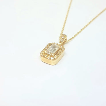 14K Real Gold Baguette Pendant Necklace with Halo Round Stones Cute Dainty Charm Delicate Trendy Best Birthday Gift for Women Jewelry Girlfriend Mother