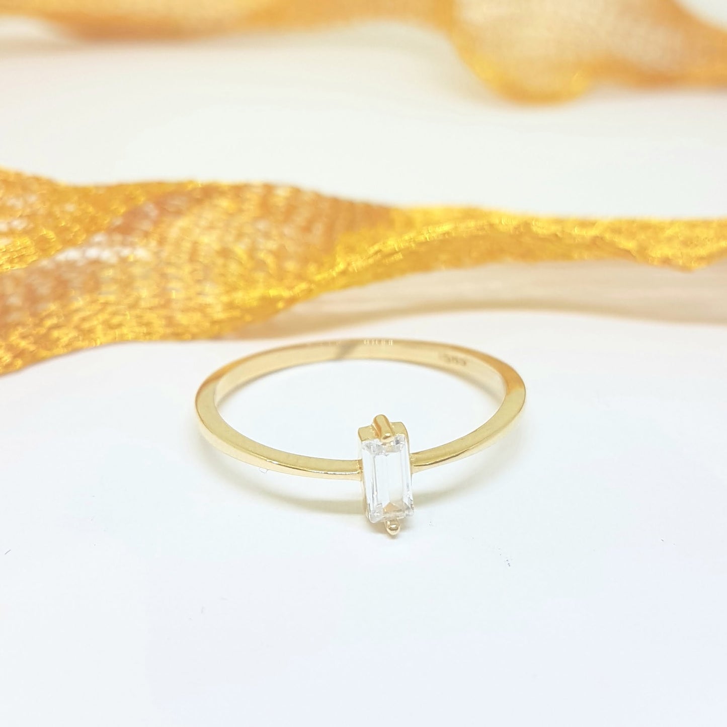 14K Real Solid Gold Baguette Solitaire Ring for Women , Solitaire Ring, Baguette Ring