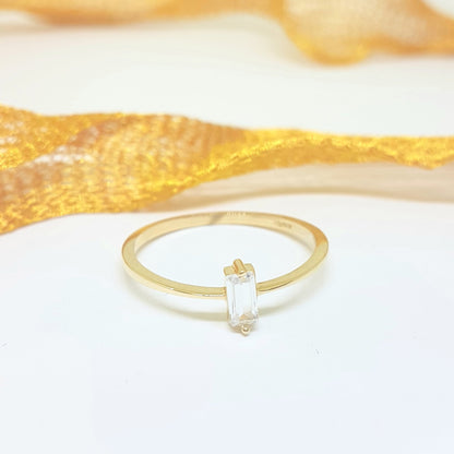 14K Real Solid Gold Baguette Solitaire Ring for Women , Solitaire Ring, Baguette Ring
