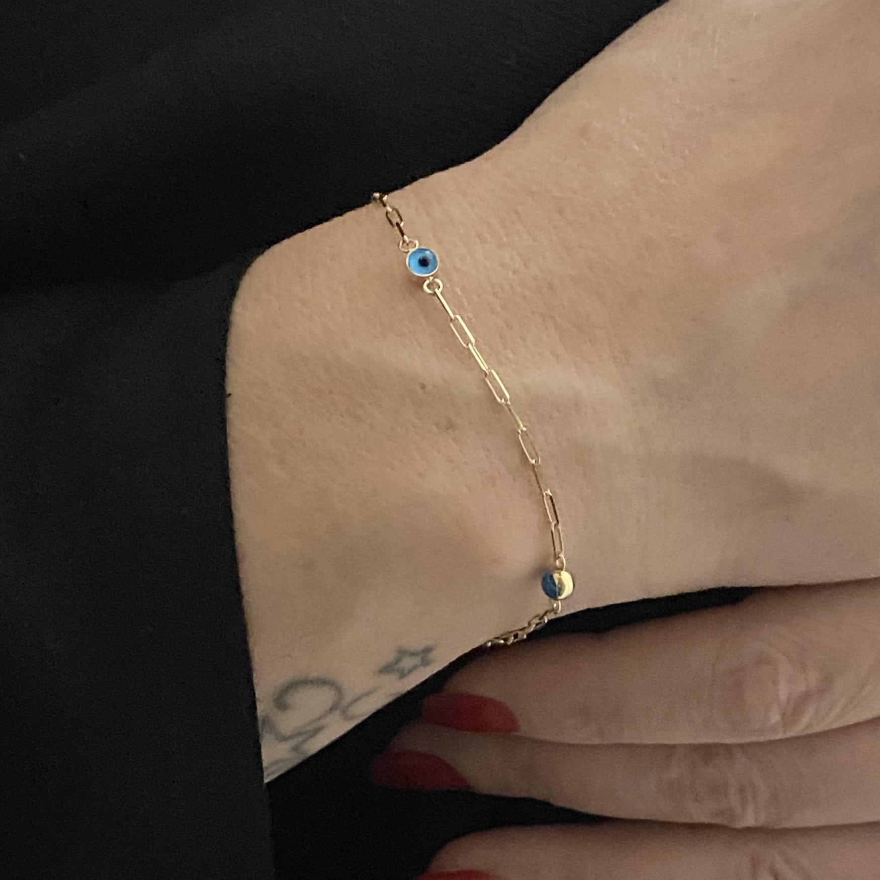 14K Real Solid Gold Beaded Evil Eye Bracelet for Women , Bead Evil Eye Paperclip Chain Bracelet , Birthday Gift for Her , Turkish Evil Eye Jewelry