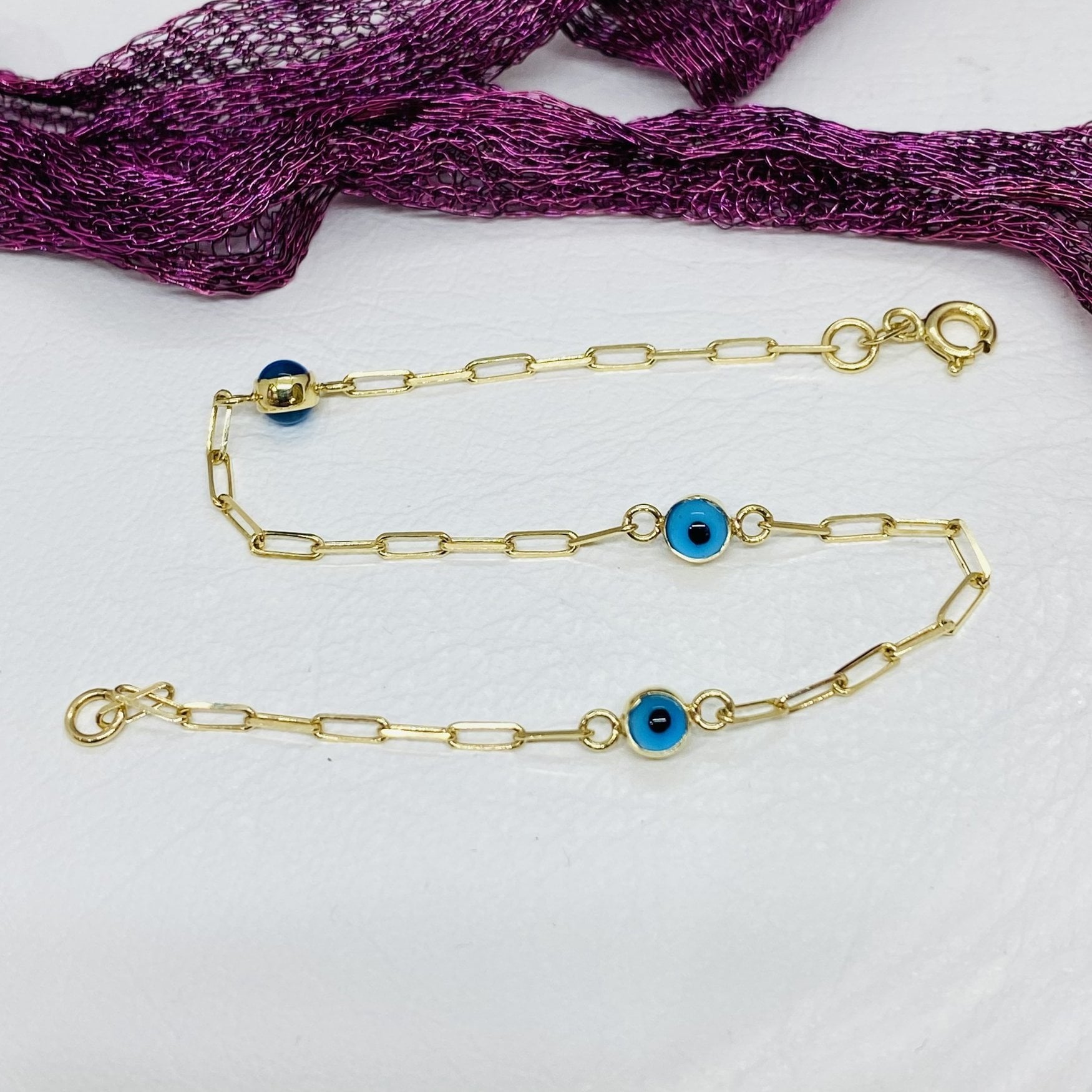 14K Real Solid Gold Beaded Evil Eye Bracelet for Women , Bead Evil Eye Paperclip Chain Bracelet , Gift for Her ,Turkish Evil Eye Jewellery