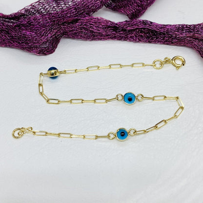14K Real Solid Gold Beaded Evil Eye Bracelet for Women , Bead Evil Eye Paperclip Chain Bracelet , Gift for Her ,Turkish Evil Eye Jewellery