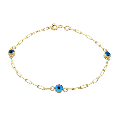 14K Real Solid Gold Beaded Evil Eye Bracelet for Women , Bead Evil Eye Paperclip Chain Bracelet , Gift for Her , Turkish Evil Eye Jewellery
