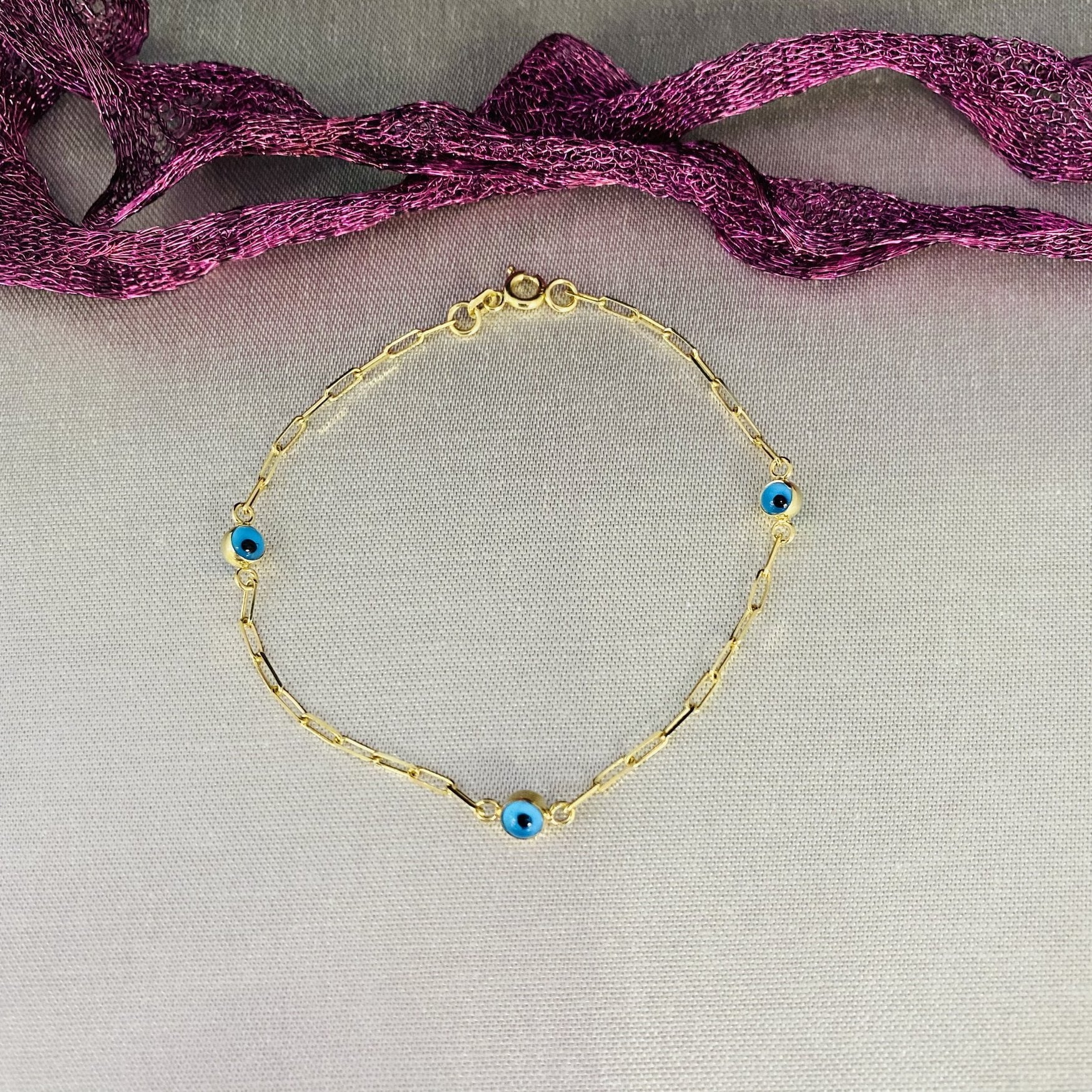 14K Real Solid Gold Beaded Evil Eye Bracelet for Women , Bead Evil Eye Paperclip Chain Bracelet , Gift for Her , Turkish Evil Eye Jewellery