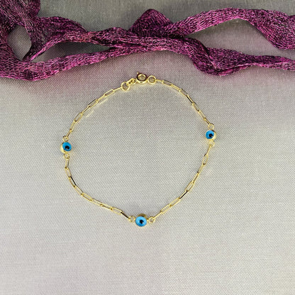 14K Real Solid Gold Beaded Evil Eye Bracelet for Women , Bead Evil Eye Paperclip Chain Bracelet , Gift for Her , Turkish Evil Eye Jewellery