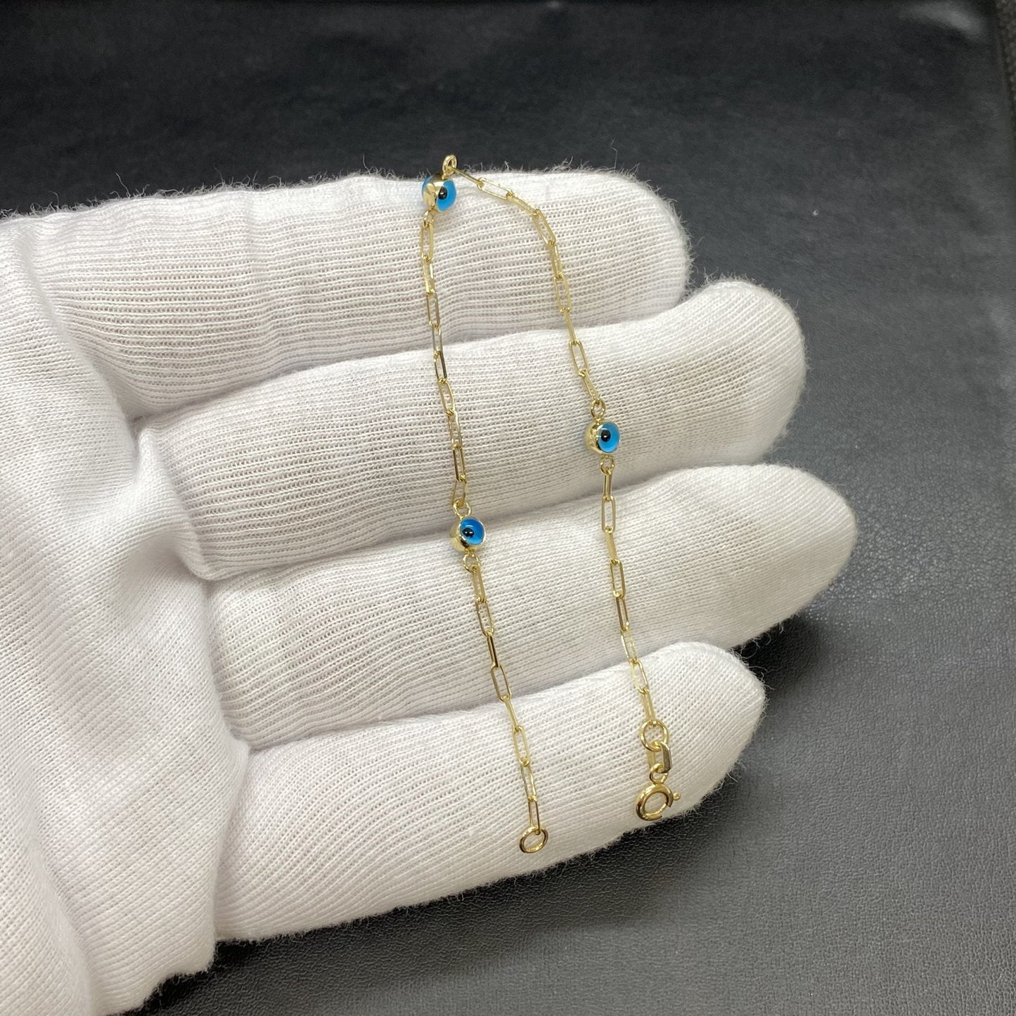 14K Real Solid Gold Beaded Evil Eye Bracelet for Women , Bead Evil Eye Paperclip Chain Bracelet , Gift for Her,Turkish Evil Eye Jewellery