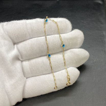 14K Real Solid Gold Beaded Evil Eye Bracelet for Women , Bead Evil Eye Paperclip Chain Bracelet , Gift for Her,Turkish Evil Eye Jewellery