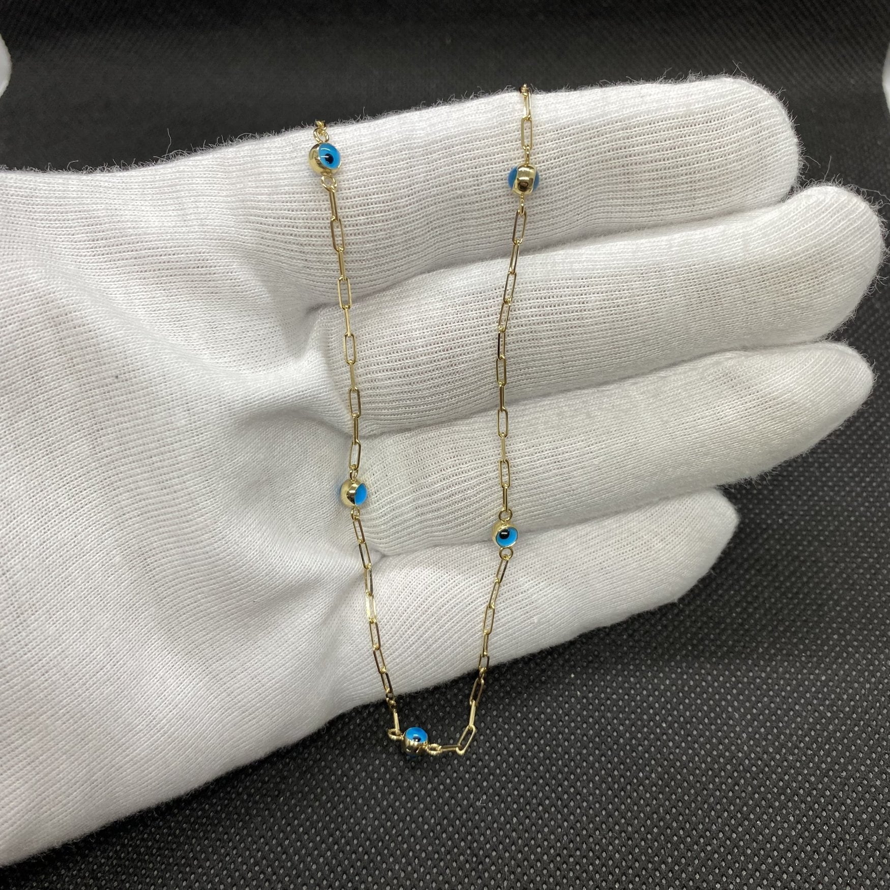 14K Real Solid Gold Beaded Evil Eye Necklace for Women , Bead Evil Eye Paperclip Chain Necklace , Gift for Her ,Turkish Evil Eye jewellery