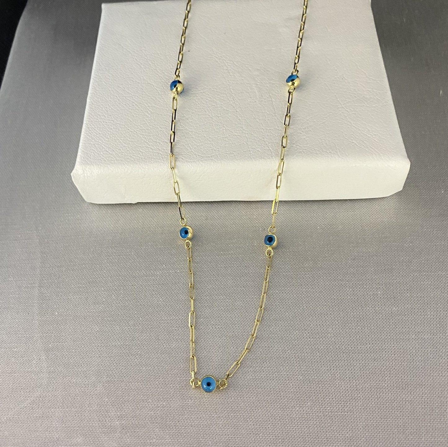 14K Real Solid Gold Beaded Evil Eye Necklace for Women , Bead Evil Eye Paperclip Chain Necklace , Gift for Her, Turkish Evil Eye jewellery