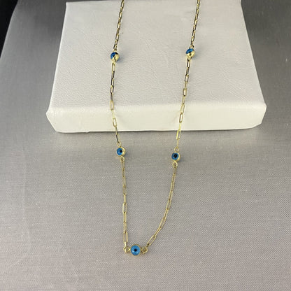 14K Real Solid Gold Beaded Evil Eye Necklace for Women , Bead Evil Eye Paperclip Chain Necklace , Gift for Her, Turkish Evil Eye jewellery