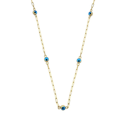 14K Real Solid Gold Beaded Evil Eye Necklace for Women , Bead Evil Eye Paperclip Chain Necklace , Gift for Her , Turkish Evil Eye jewellery