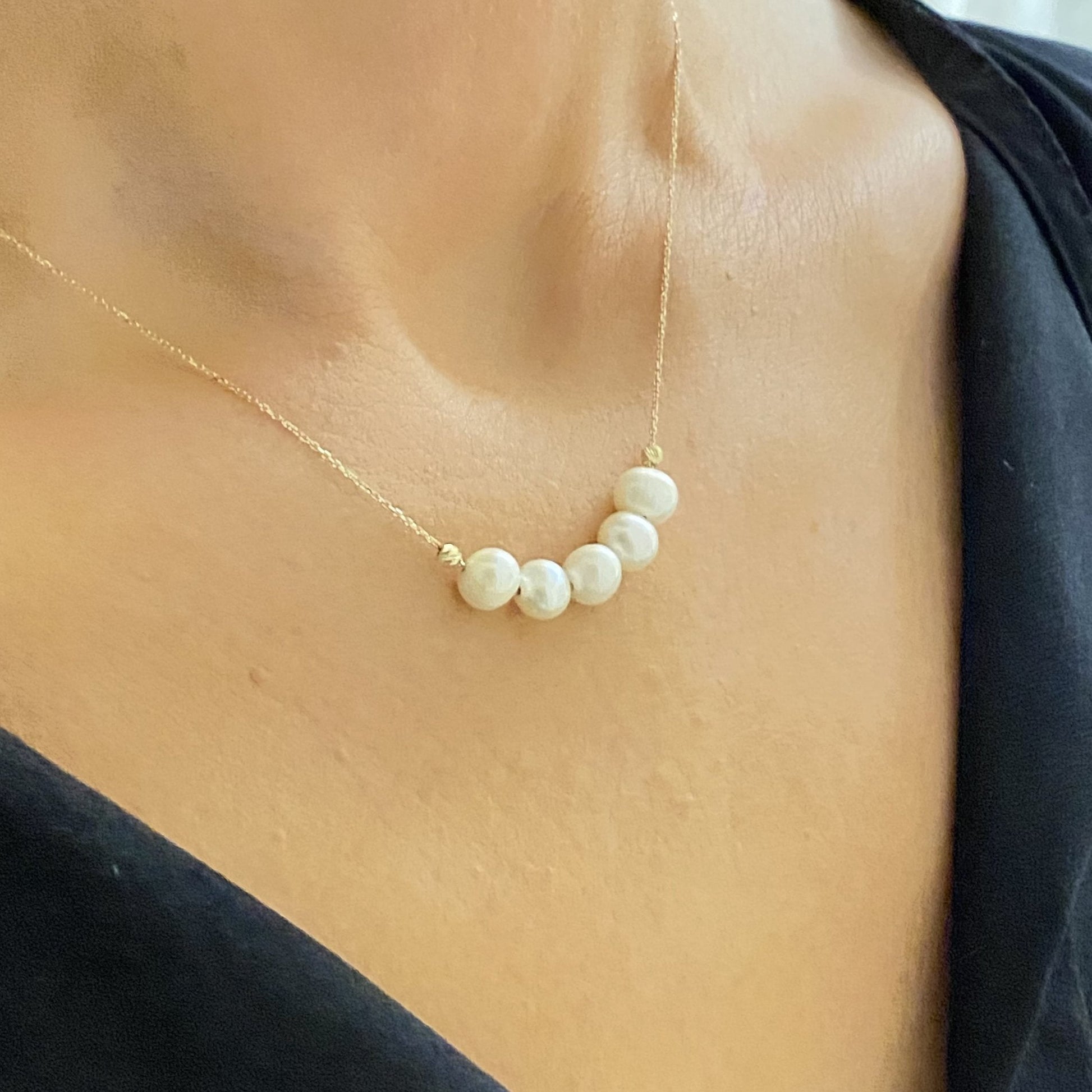 14K Real Solid Gold Beaded Pearl Necklace for Women , Dainty Freshwater Pearl Bead Necklace , Bridesmaids Jewelry , handmade Gifts for Her