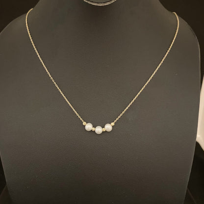 14K Real Solid Gold Beaded Pearl and Italian Ball Necklace for Women , Pearl jewelry , 3 Pearl Pendant , Gift for her