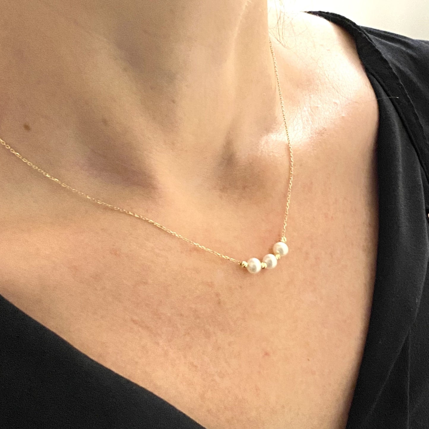 14K Real Solid Gold Beaded Pearl and Italian Ball Necklace for Women , Pearl jewelry , 3 Three Pearl Pendant , Gift for her