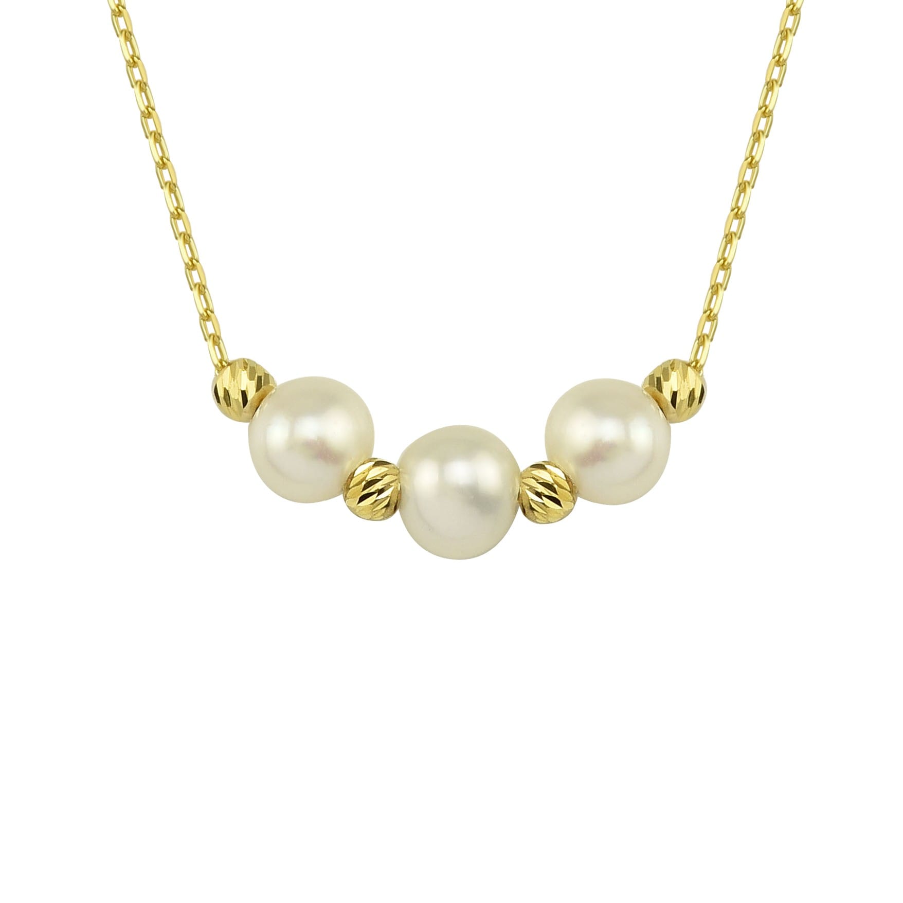 14K Real Solid Gold Trio Beaded Ball and Pearl Necklace for Women