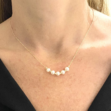 14K Real Solid Gold Beaded Pearl and Italian Ball Necklace for Women , Pearl jewelry ,5 Pearl Pendant Birthday Gift for her .jpg