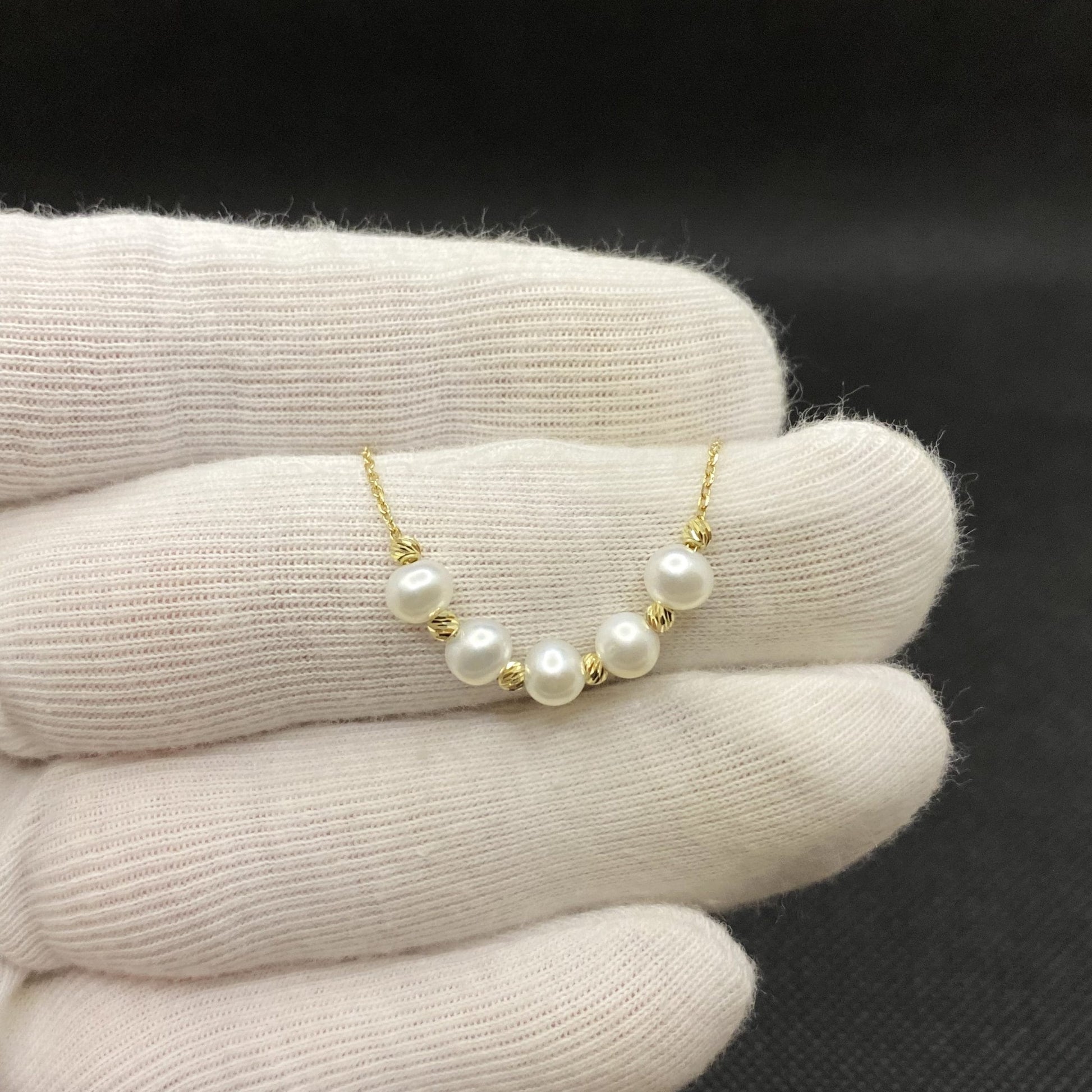 14K Real Solid Gold Beaded Pearl and Italian Ball Necklace for Women , Pearl jewelry ,5 Pearl Pendant ,Birthday Gift for her .jpg