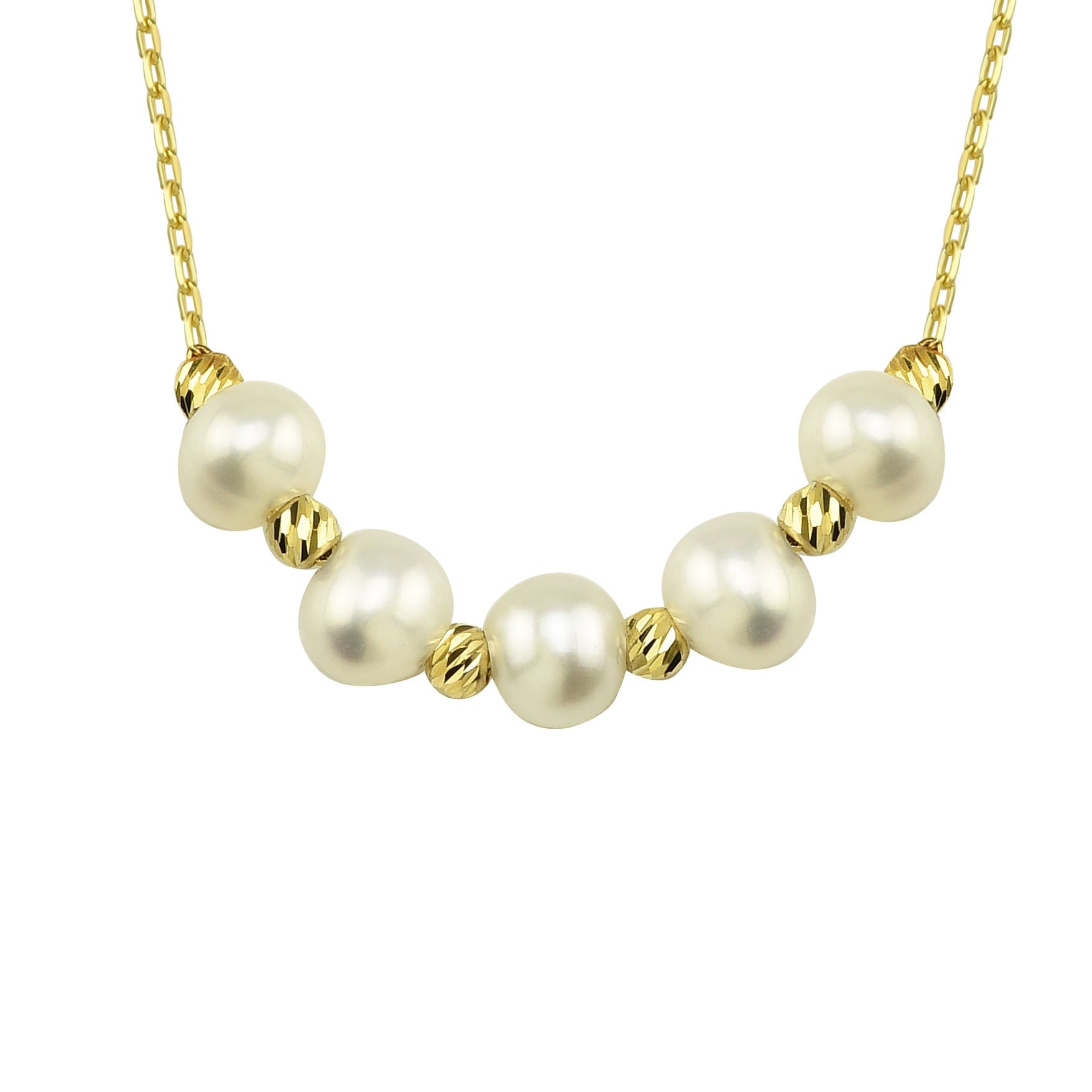 14K Real Solid Gold Beaded Pearl and Italian Ball Necklace for Women , Pearl jewelry ,5 Pearl Pendant ,Birthday Gift for her