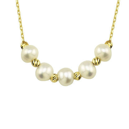 14K Real Solid Gold Beaded Pearl and Italian Ball Necklace for Women , Pearl jewelry ,5 Pearl Pendant ,Birthday Gift for her