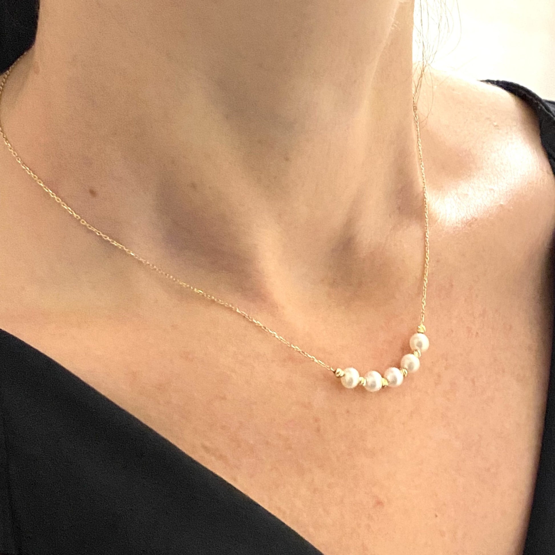 14K Real Solid Gold Beaded Pearl and Italian Ball Necklace for Women , Pearl jewelry ,5 Pearl Pendant ,Birthday Gift for mom .jpg