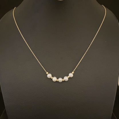 14K Real Solid Gold Beaded Pearl and Italian Ball Necklace for Women , Pearl jewelry ,5 Pearl Pendant ,Christmas Gift for her .jpg