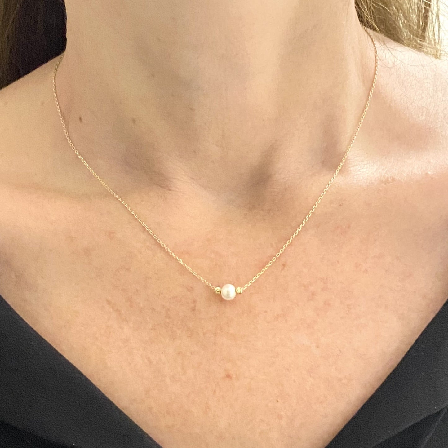 14K Real Solid Gold Beaded Pearl and Italian Ball Necklace for Women , Pearl jewelry ,Single Pearl Pendant ,Birthday Gift for her