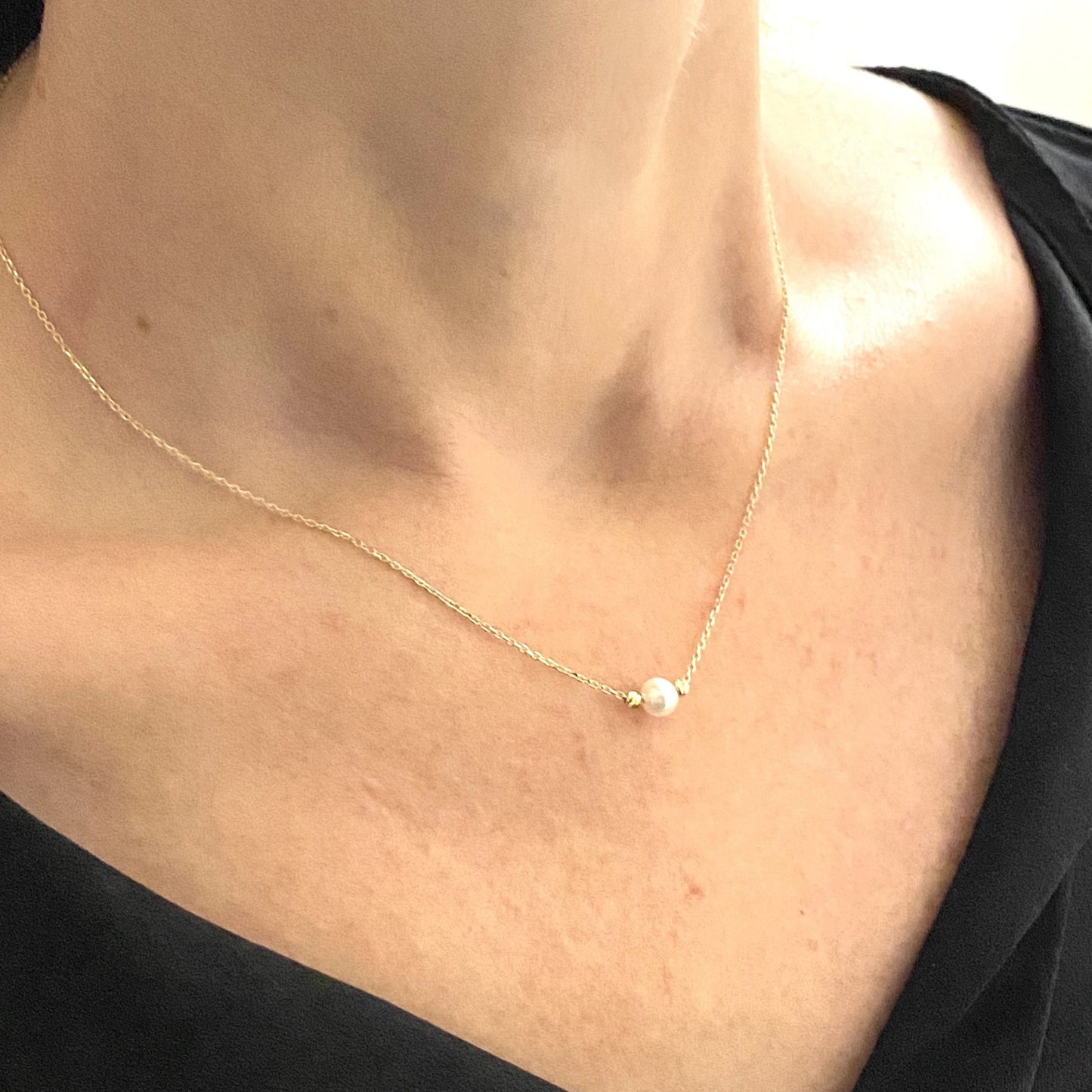 14K Real Solid Gold Single Beaded Ball and Pearl Necklace for Women