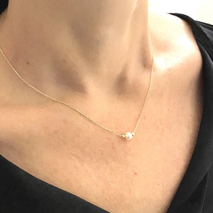 14K Real Solid Gold Single Beaded Ball and Pearl Necklace for Women