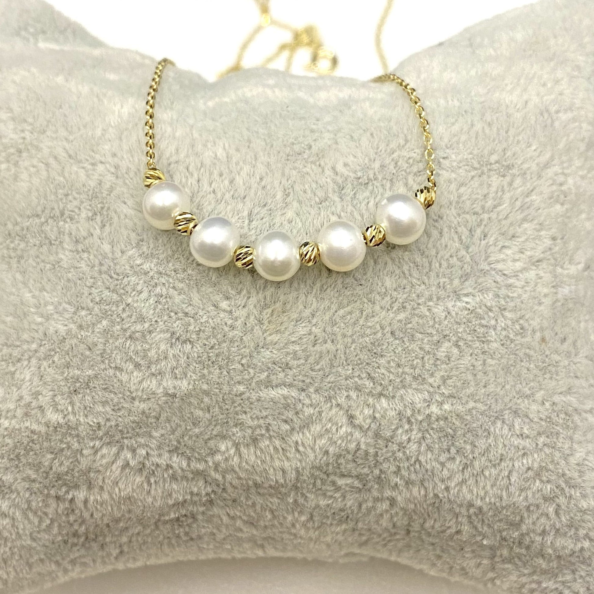 14K Real Solid Gold Beaded Pearl and Italian Ball Necklace for Women , Pearl jewelry ,Single or 3 or 5 Pearl Pendant ,Birthday Gift for her