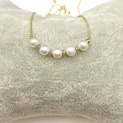14K Real Solid Gold Beaded Pearl and Italian Ball Necklace for Women , Pearl jewelry ,Single or 3 or 5 Pearl Pendant ,Birthday Gift for her