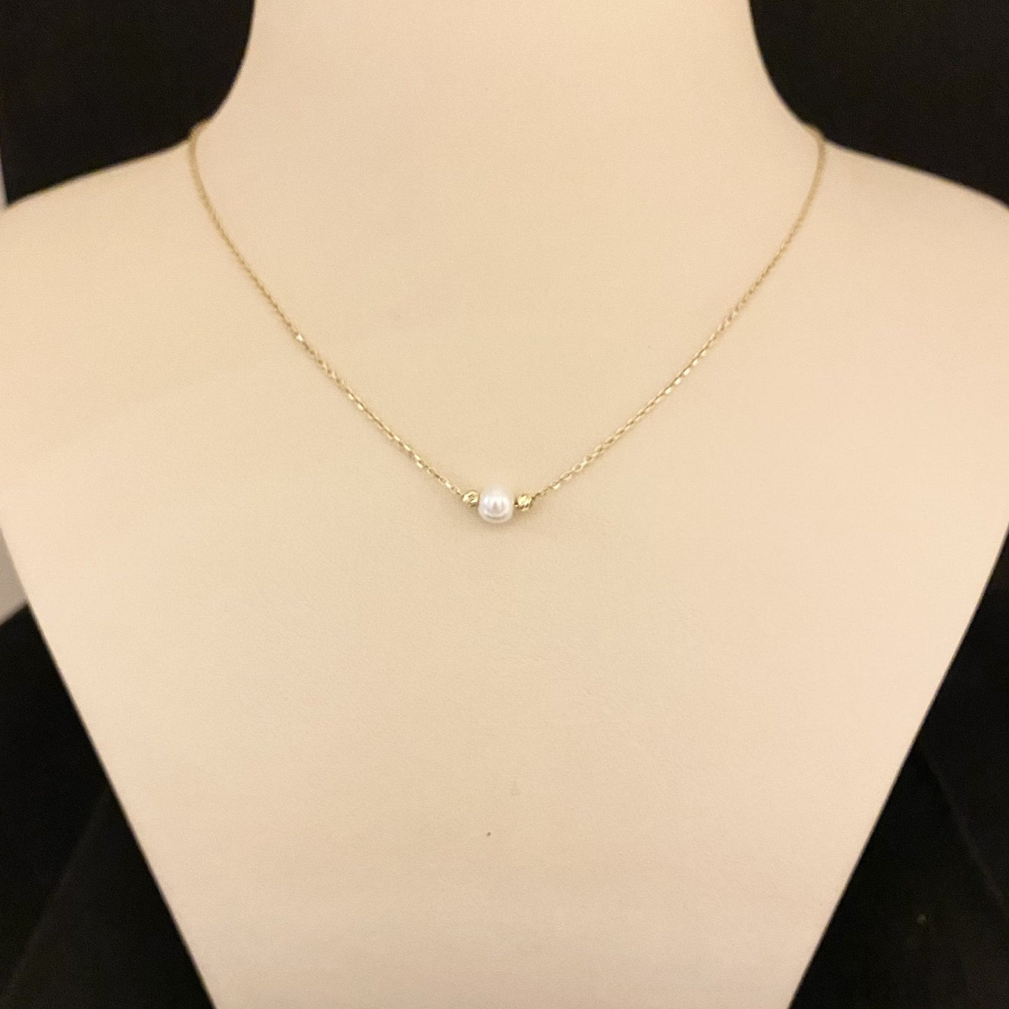 14K Real Solid Gold Single Beaded Ball and Pearl Necklace for Women