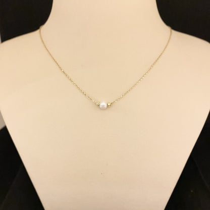 14K Real Solid Gold Single Beaded Ball and Pearl Necklace for Women