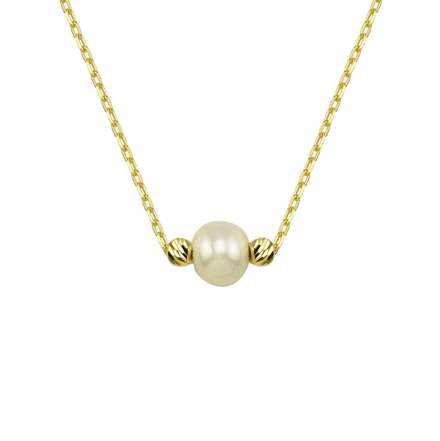 14K Real Solid Gold Beaded Pearl and Italian Ball Necklace for Women , Pearl jewelry ,Single Pearl Pendant ,Birthday Gift for her