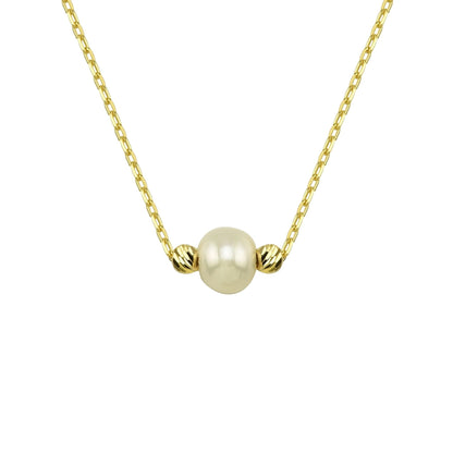 14K Real Solid Gold Beaded Pearl and Italian Ball Necklace for Women , Pearl jewelry ,Single Pearl Pendant ,Birthday Gift for her