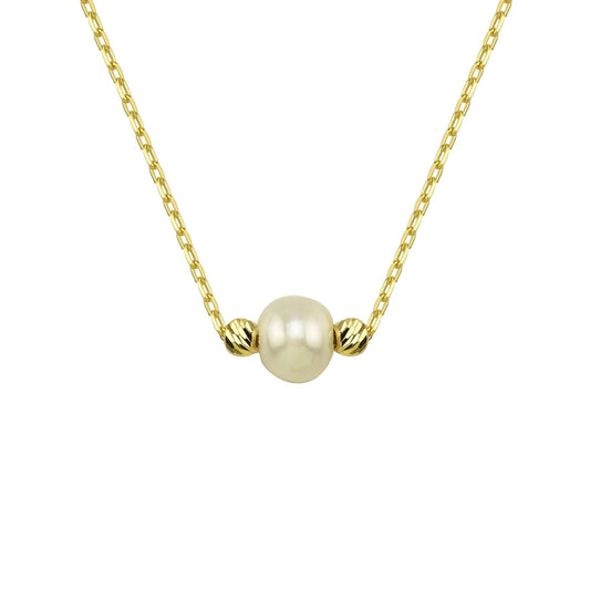 14K Real Solid Gold Beaded Pearl and Italian Ball Necklace for Women , Pearl jewelry ,Single Pearl Pendant ,Birthday Gift for her