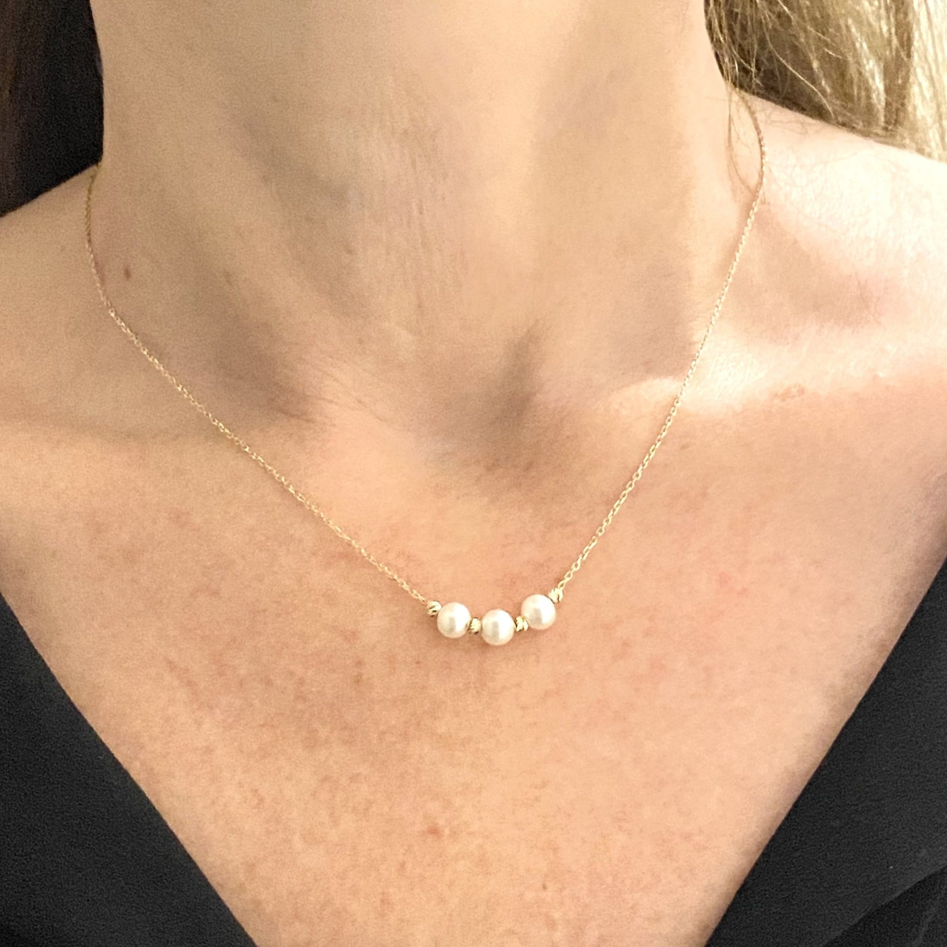 14K Real Solid Gold Beaded Pearl and Italian Ball Necklace for Women , Pearl jewelry , Trio Pearl Pendant , Gift for her