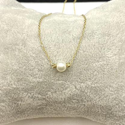 14K Real Solid Gold Beaded Pearl and Italian Ball Necklace for Women , Pearl jewelry