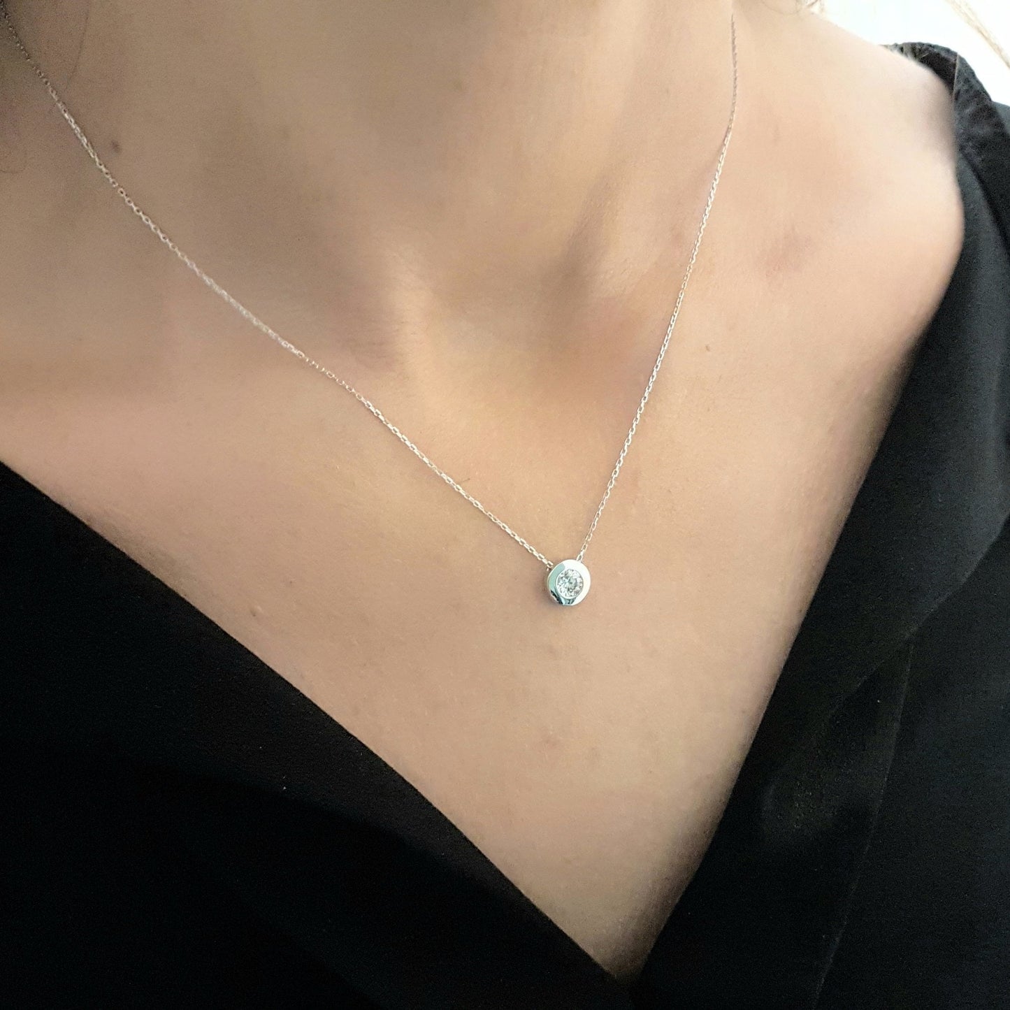 14K Real Solid Gold Bezel Solitaire Necklace for Women , CZ Bezel Necklace , CZ Solitaire Necklace ,Minimalist jewelry , Gift for Her