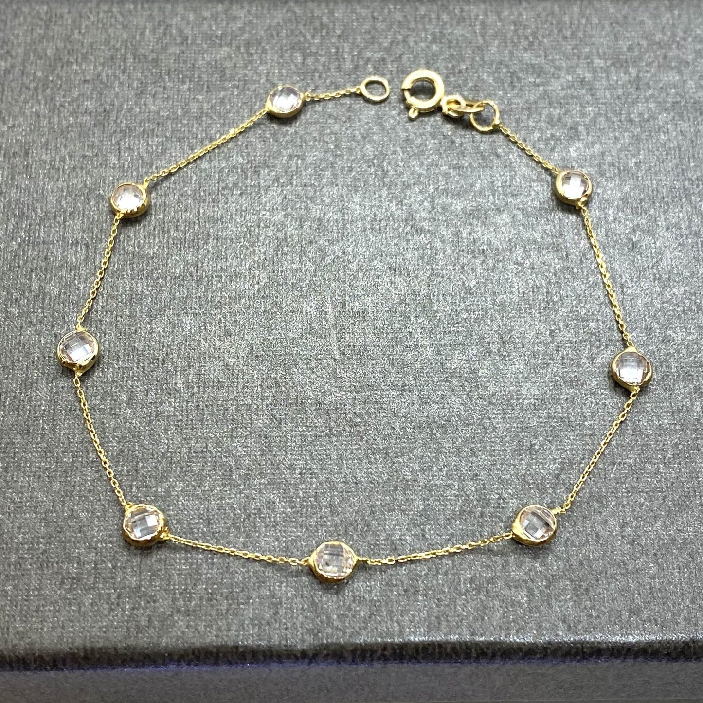 14K Real Solid Gold Bezel Stone Station Link Bracelet for Women , birthday gifts for mum her, chain bracelet, bezel bracelet gold