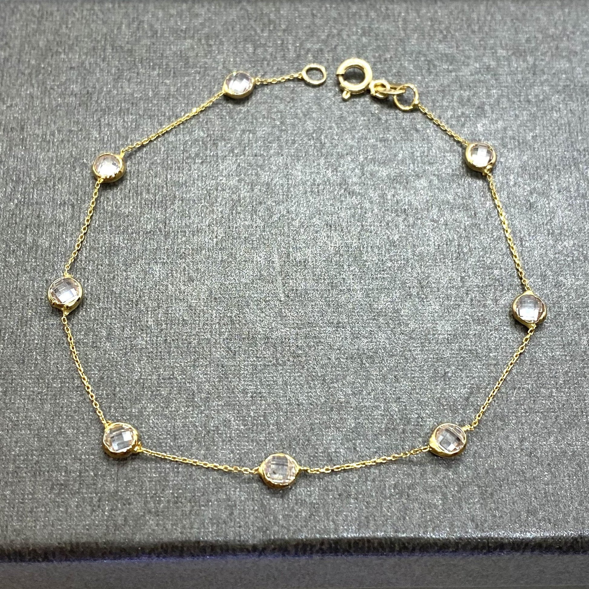 14K Real Solid Gold Bezel Stone Station Link Bracelet for Women , birthday gifts for mum her, chain bracelet, bezel bracelet gold