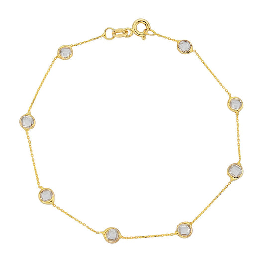 14K Real Solid Gold Bezel Stone Station Link Bracelet for Women , christmas gift for her , women's bracelet