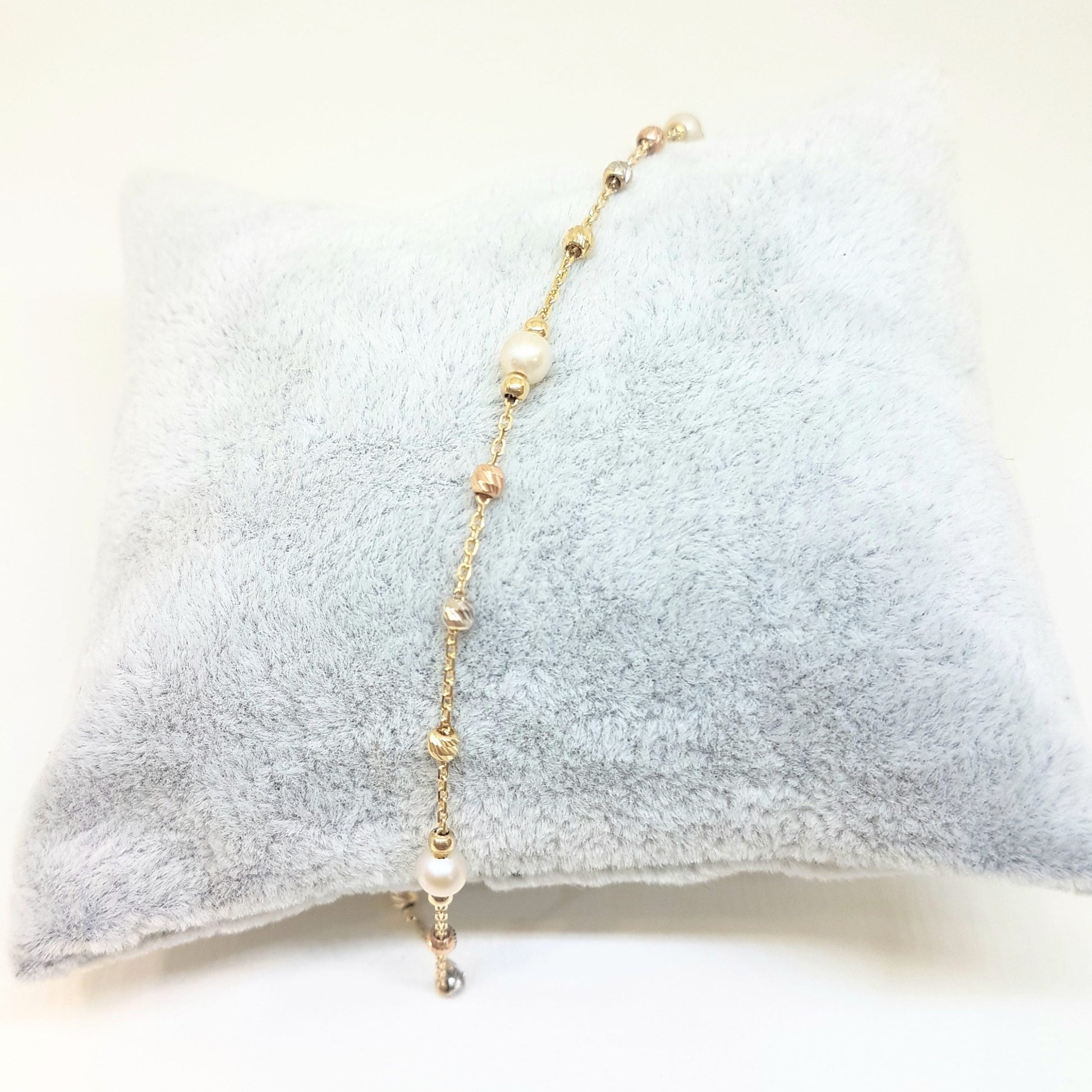 14K Real Solid Gold Bracelet Beaded Pearls and Italian Balls Design Best Birthday Gift for Women Mother Wife Girlfriend