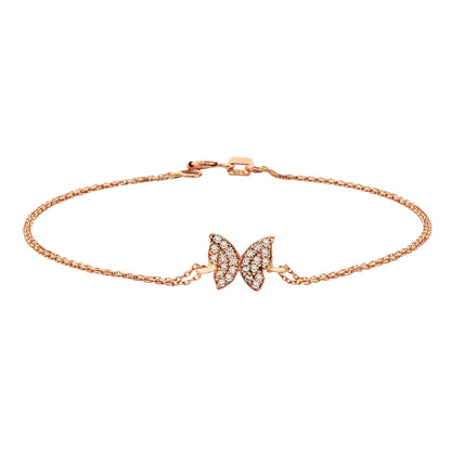 14K Real Solid rose Gold Butterfly Shape Design with White Zirconia Stones Cute Dainty Delicate Trendy Bracelet best gift for Women Jewelry yourself, birthday christmas handmade jewelry white xmas