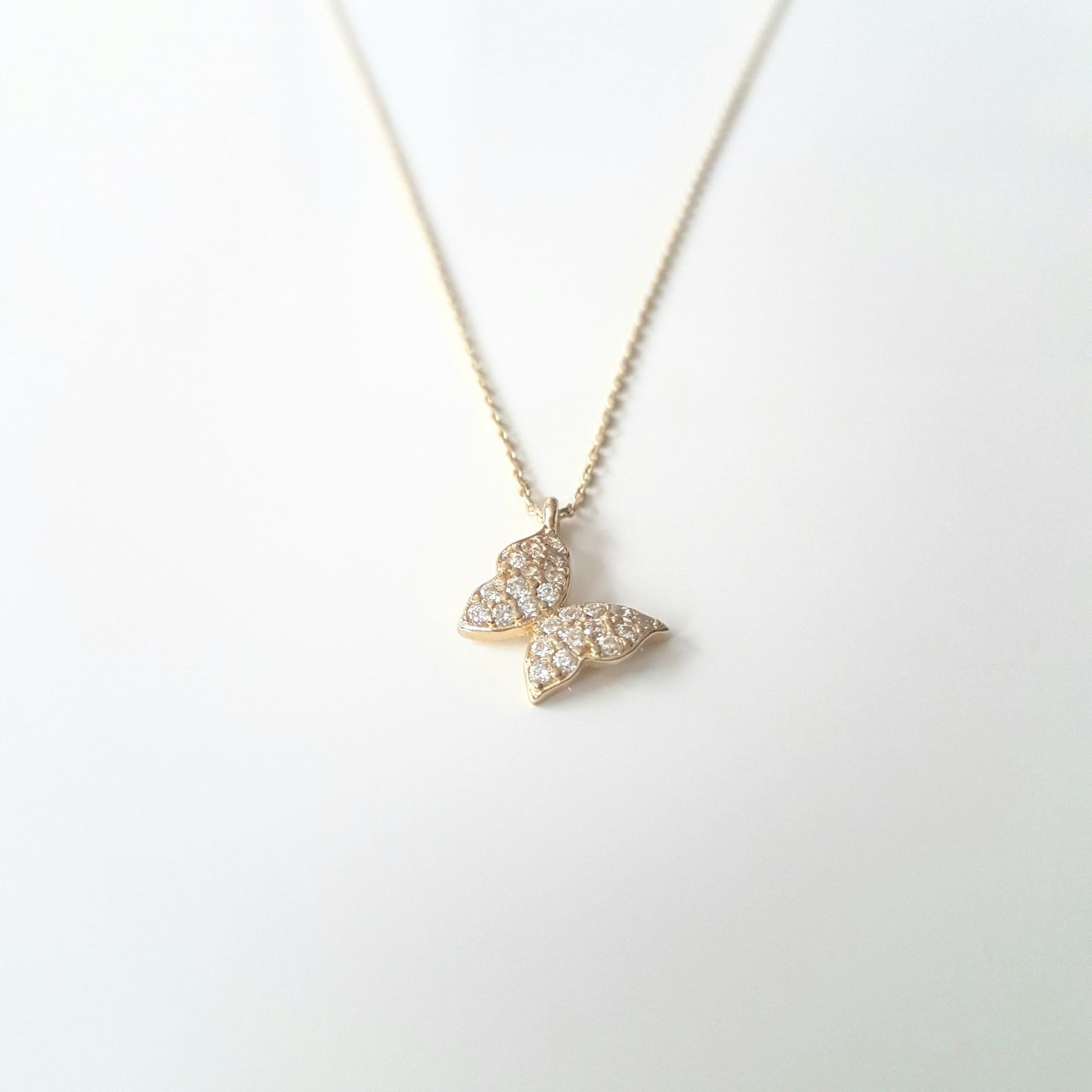 14K Real Solid Gold Butterfly Shape Design with White Zirconia Stones Cute Tiny Charm Dainty Delicate Trendy Necklace best birthday gift for women jewelry yourself