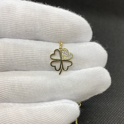 14K Real Solid Gold CZ Four Leaf Clover Pendant Necklace for Women , 4 leaf clover necklace gold, clover jewelry