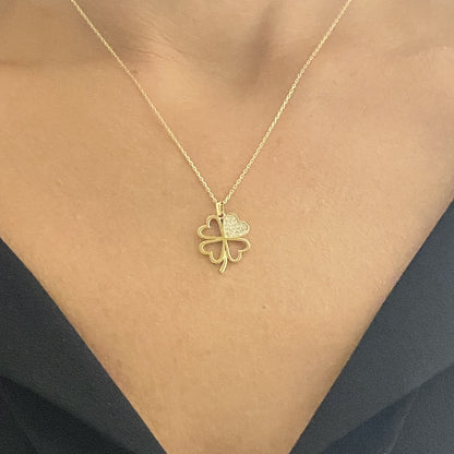 14K Real Solid Gold CZ Four Leaf Clover Pendant Necklace for Women , christmas gifts