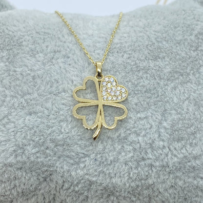 14K Real Solid Gold CZ Four Leaf Clover Pendant Necklace for Women , four leaf necklace gold